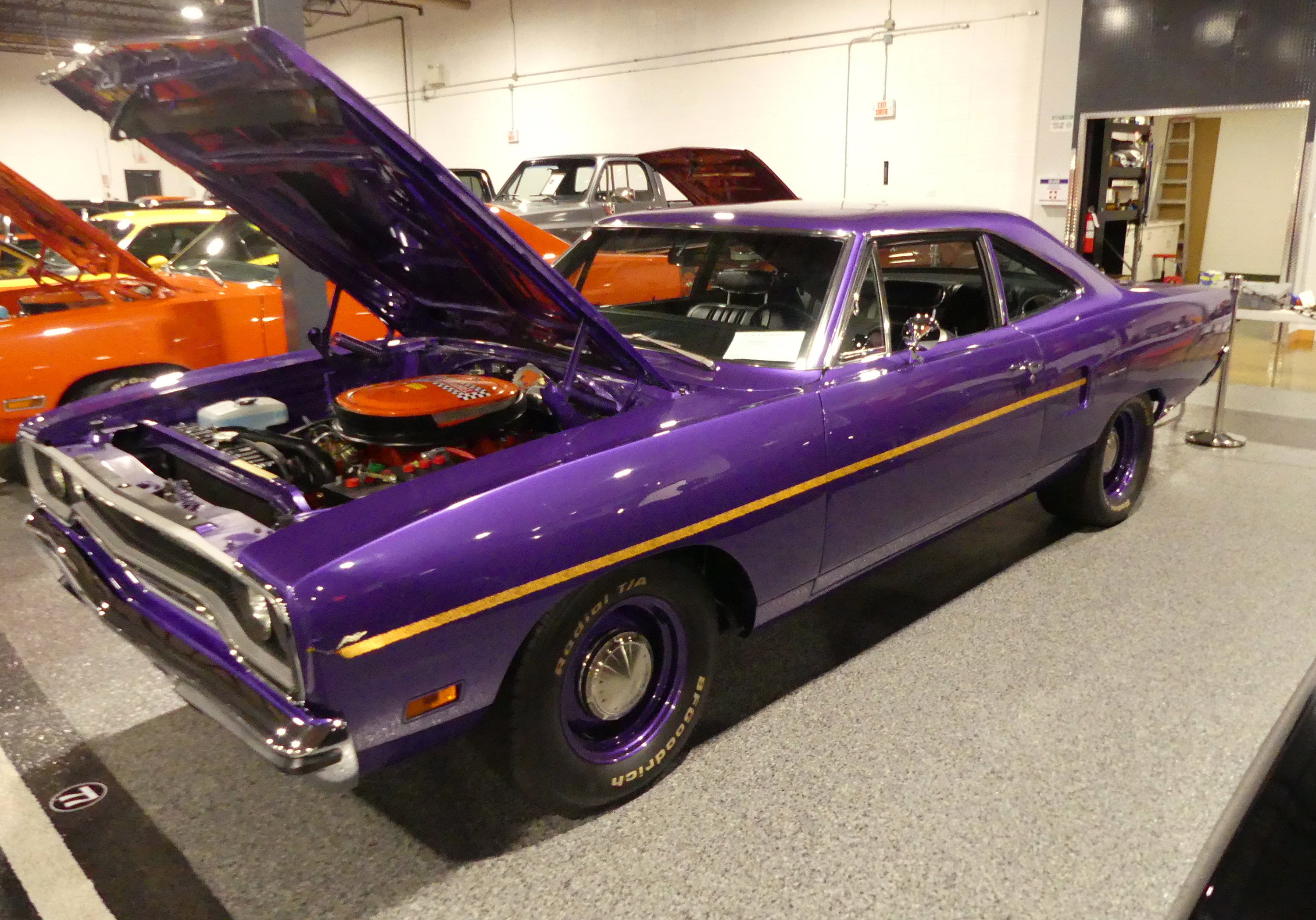 1970 Plymouth Road Runner:
                                            Colour: In-Violet Metallic
                                            Built to original factory specifications with small upgrades.
                                            A833 – Hemi Four Speed